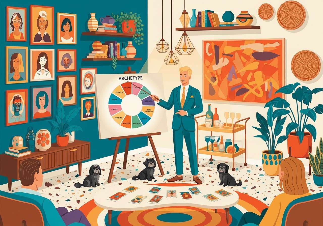 The Sophisticate presenting a 12-segment archetype wheel to clients in an Eames-chair mid-century setting