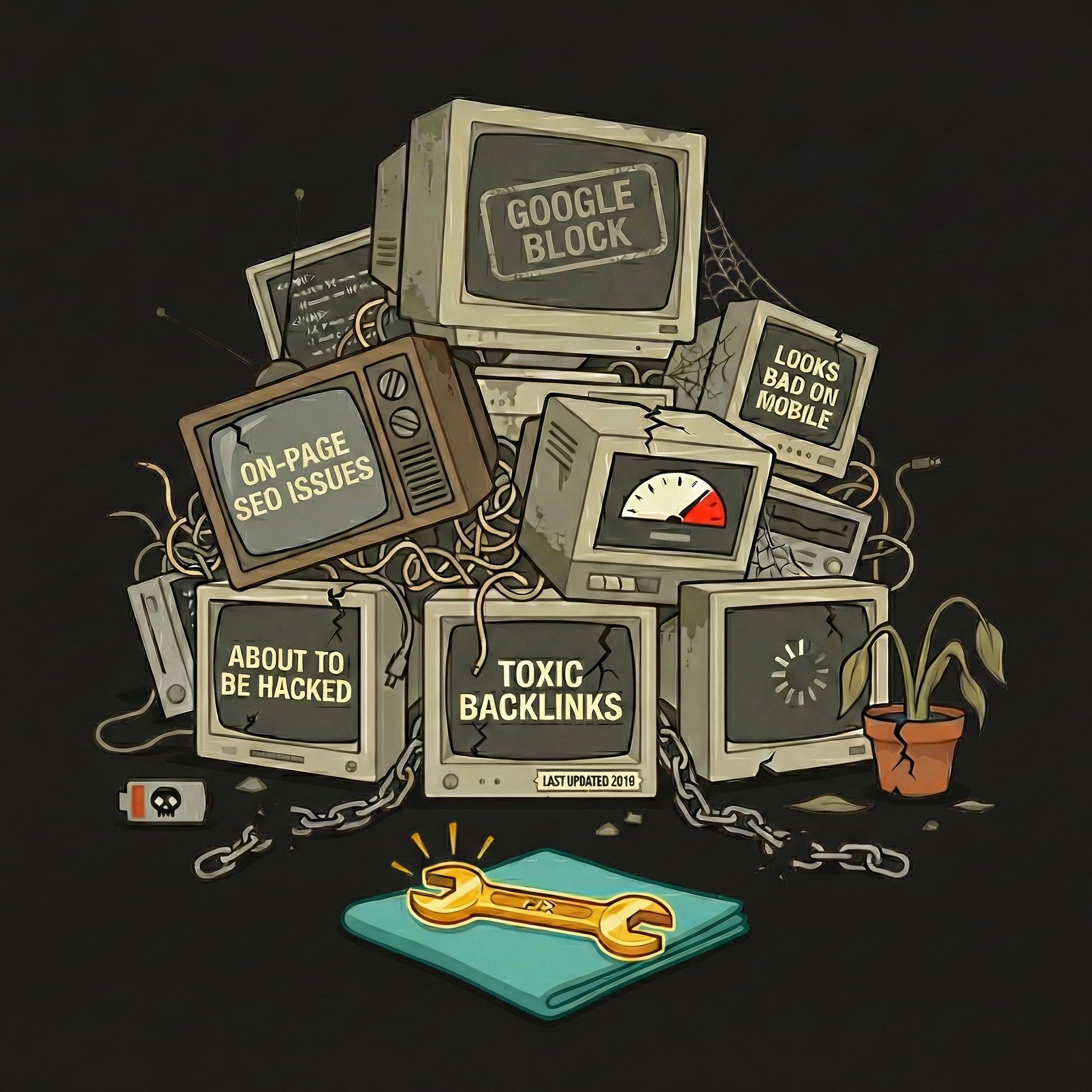 Pile of broken old monitors showing Google Block, toxic backlinks, SEO issues, and more