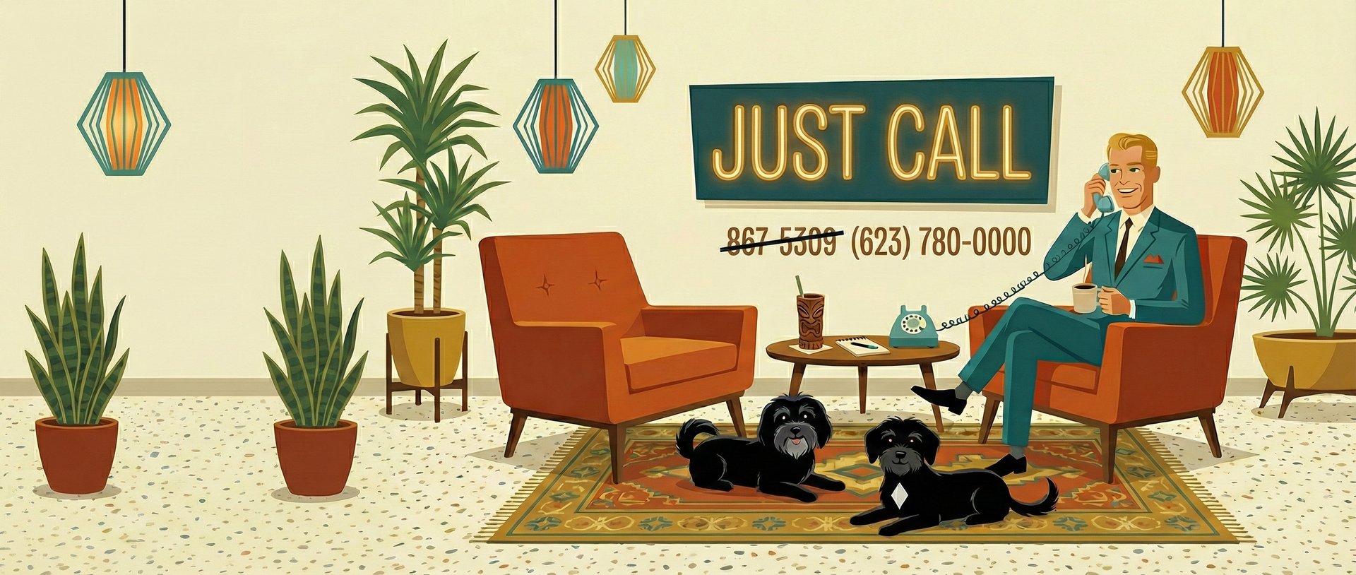 Retro mid-century office scene — dapper crocodile in plaid suit at teak desk with Bakelite telephone, deep-purple walls