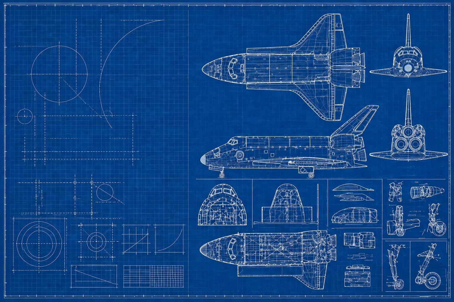 Technical blueprint of the Space Shuttle on classic blue paper with white linework — top, side, front, rear views with detailed cutaways