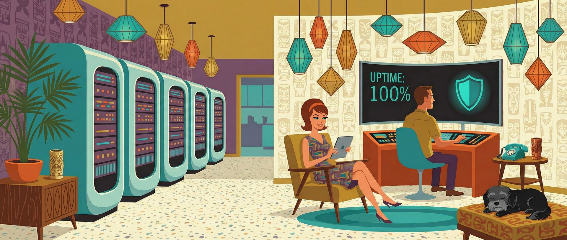 Mid-century tiki server room — woman with tablet and man at control desk, UPTIME 100% screen, Havanese dog on ottoman