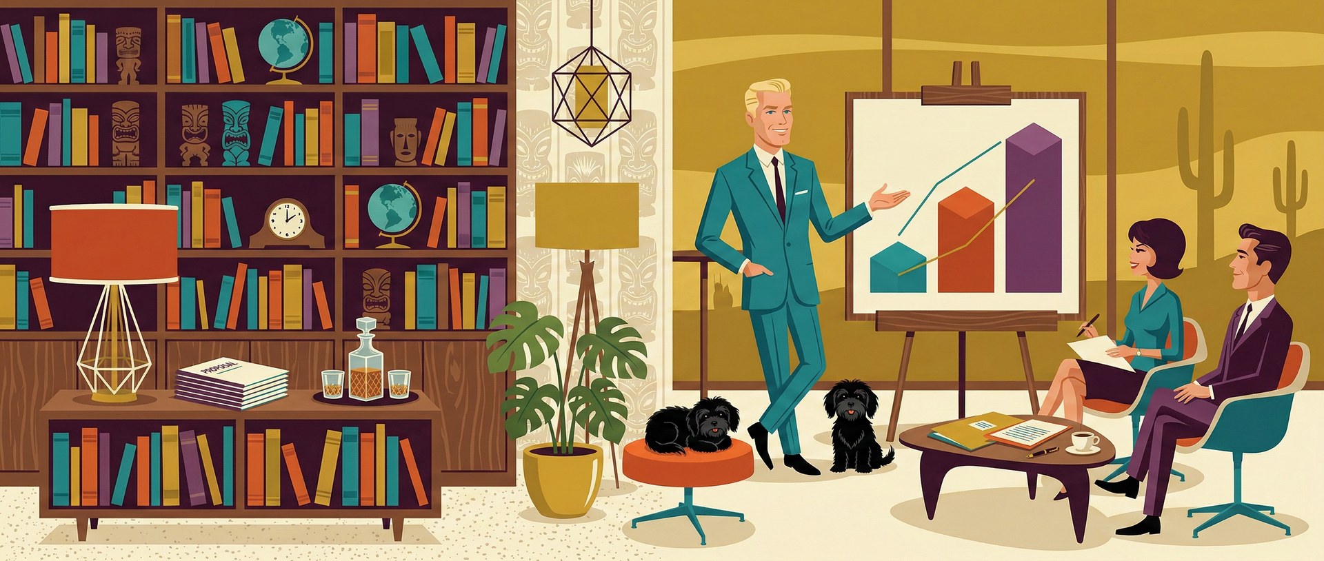 Mid-century presentation room — man in teal suit presenting growth chart to clients, two Havanese dogs nearby, bookshelf with tiki figures