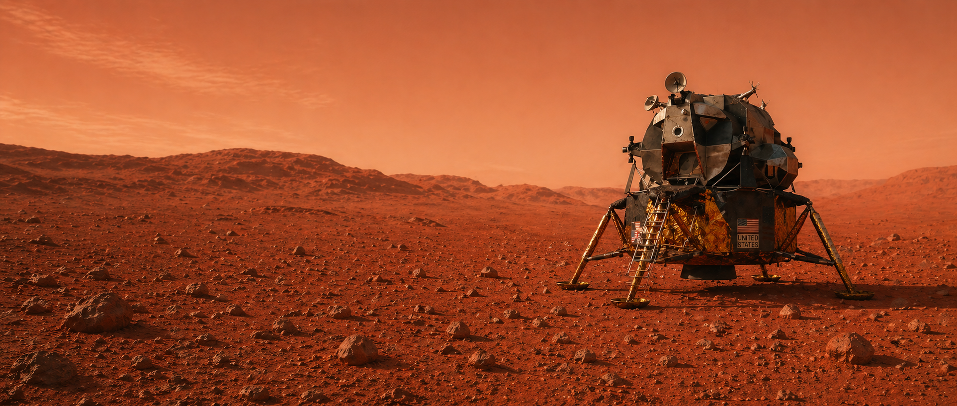 Lunar lander on a Mars-like rocky landscape under an orange-red sky