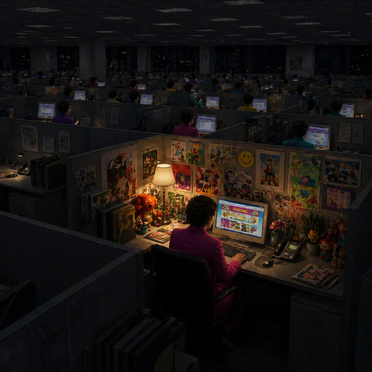 Cubicle worker with their wall covered in colorful artwork — quietly being the best in a sea of grey workstations