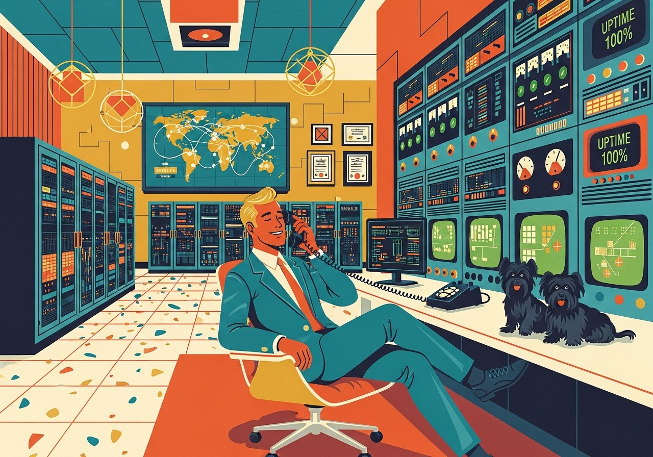 Mid-century server monitoring room — confident manager at control desk with green uptime indicators and two black Havanese dogs