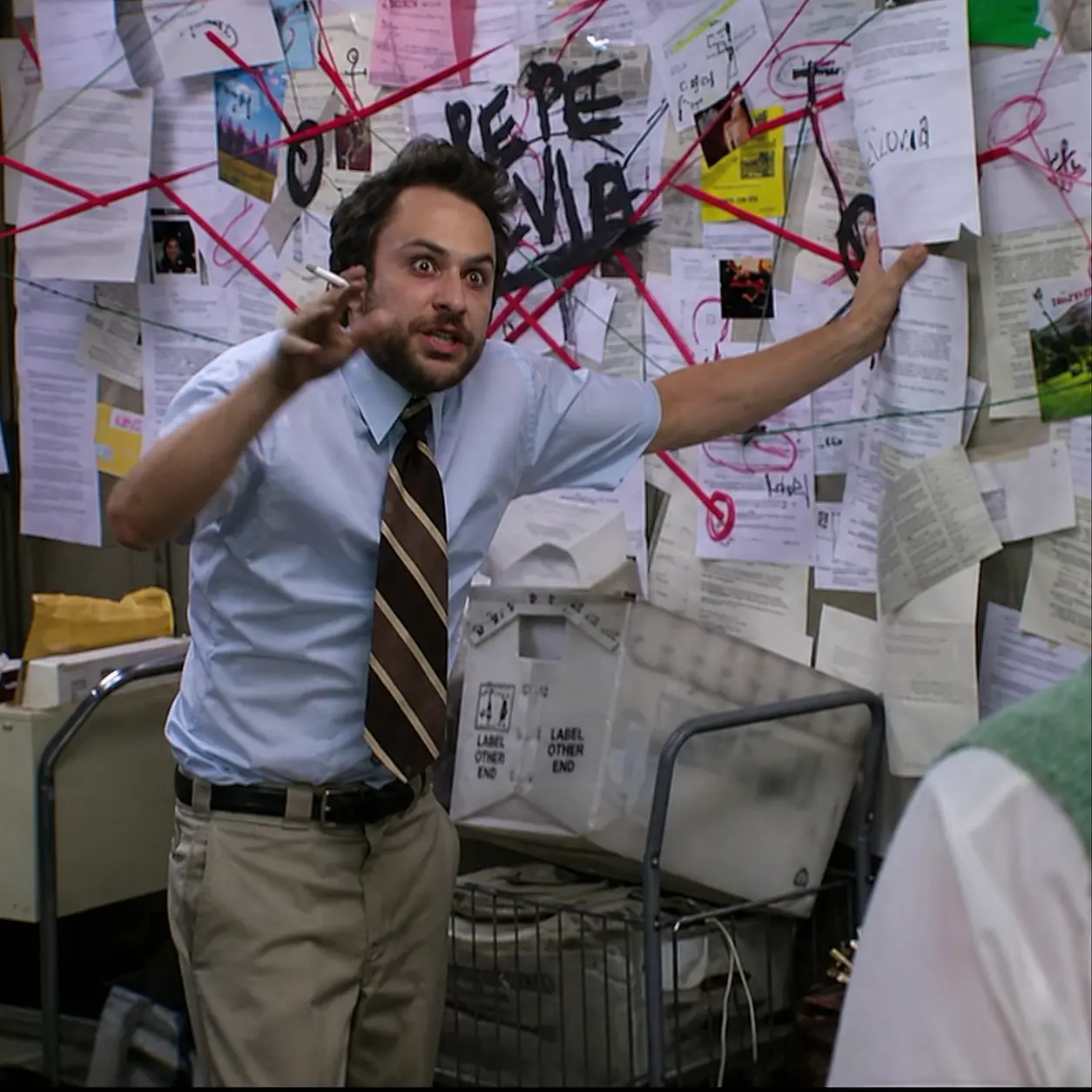 Charlie Day in front of his Pepe Silvia conspiracy board — what tangled, unbranded marketing looks like to a customer